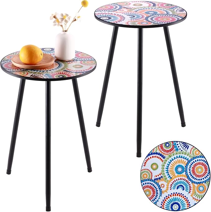 Party Zealot Metal Mosaic Round Side Table Set of Two 13.4" Small Outdoor Patio by Party+Zealot
