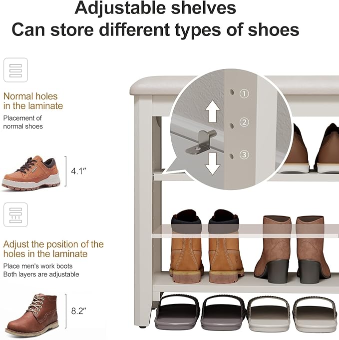 Shoe Bench with Leather Cushion, 3 Tiers Shoe Storage Bench Height Adjustable - Image 3
