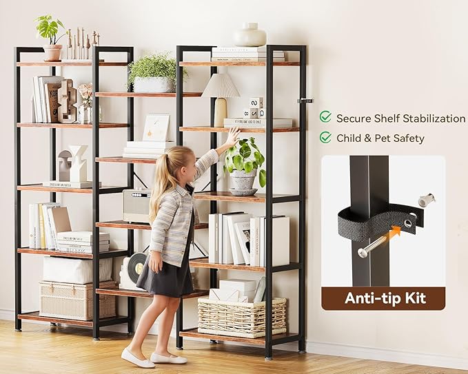 Casaottima Triple 5 Tier Bookshelf, Large Bookcase - Image 4