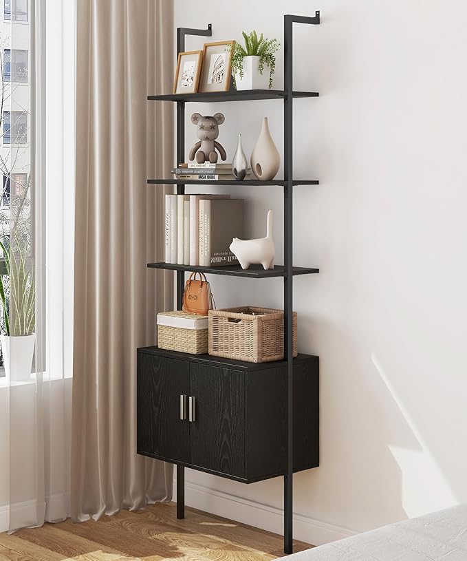Yusong 73" Tall Bookshelf with Cabinet, Industrial Ladder Wall Mount Shelf by Yusong