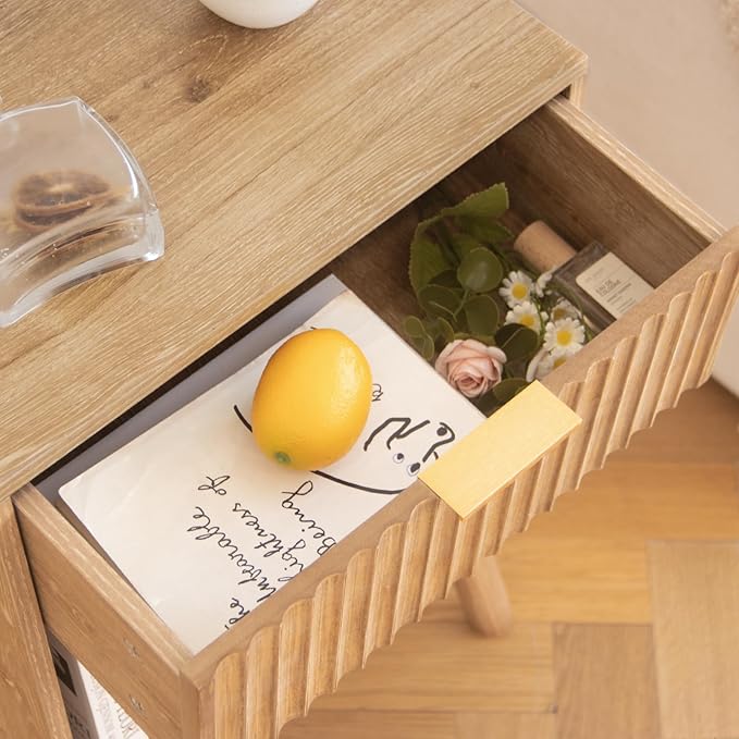 Wood Nightstand with Charging Station, Bedside Table with Fluted Drawers and - Image 7