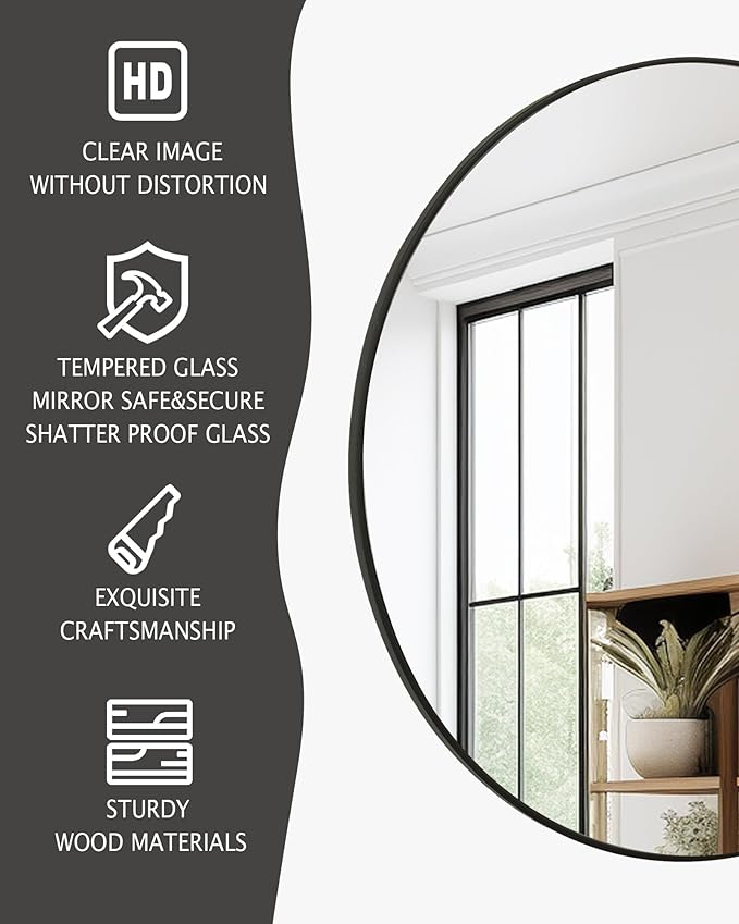 Black Round Mirror, Bathroom 24 Inch Vanity Wall Mirror, Modern Circle Mirror - Image 5