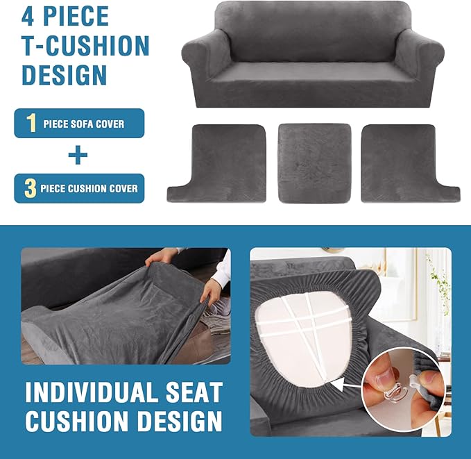 H.VERSAILTEX 4 Piece T Cushion Sofa Slipcovers Thick Velvet Stretch Couch Cover - Image 4