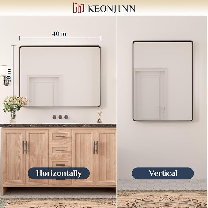 Keonjinn Black Framed Mirror for Bathroom 40 x 30 Inch Rounded Rectangle Wall - Image 8