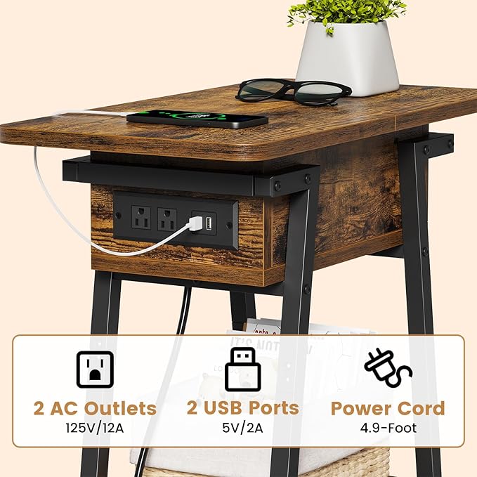 End Table with Charging Station, Flip Top Side Table with USB Ports and Outlets - Image 6