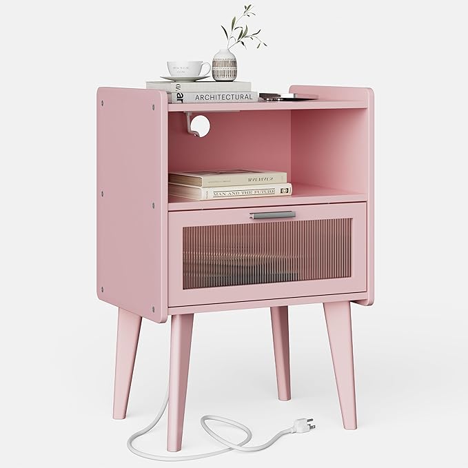 Nightstand with Charging Station, Bedside Tables Pink End Table Side Table with - Image 3