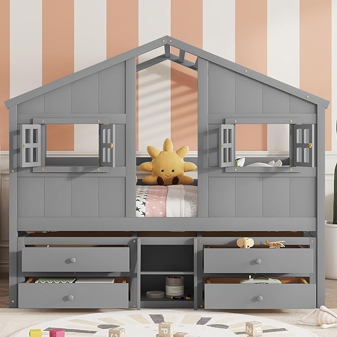 KEIKI Full Size Wooden House-Shaped Loft Bed by Unknown