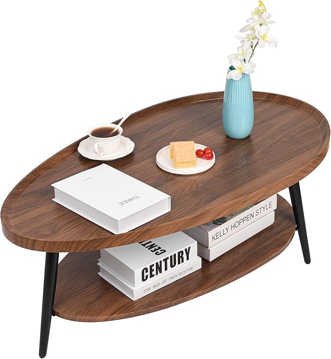 2-Tier Water-Shaped Wood Center Table Mid Century Oval Coffee Table Rustic by Zedesey