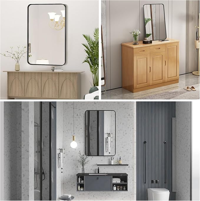 Wall Mount Mirror for Bathroom, Brush Black Metal Framed Rounded Corner - Image 7