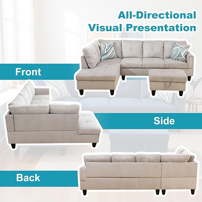 L Shaped Couch Modern Sectional Couch Upholstered Corduroy Fabric 3 Pieces Sofas - Image 6