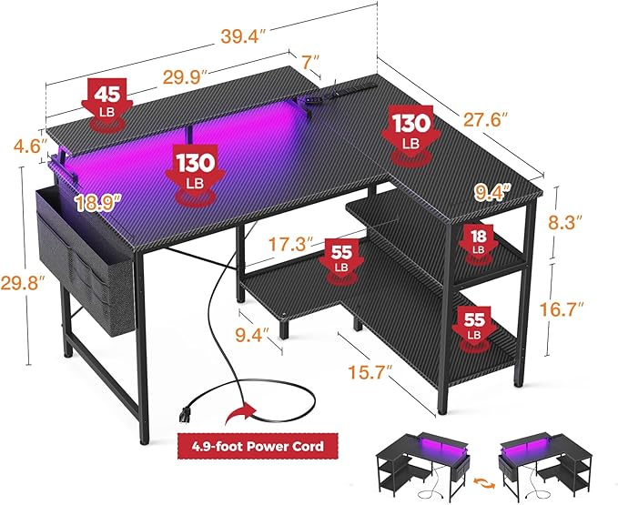 ODK 40 Inch Gaming Desk with USB Power Outlets and LED Lights, Reversible L - Image 3