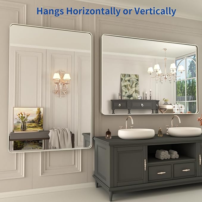 WEER 48X32 Inch Brushed Nickel Bathroom Mirror, Brushed Silver Metal Frame - Image 5