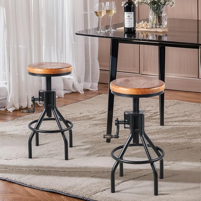 Diwhy Industrial Farmhouse Counter Stool Wooden Seat Height Adjustable - Image 6