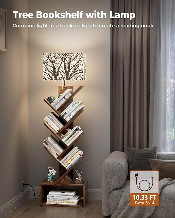 Tree Bookshelf with Light, 6 Tier Small Bookcase, Narrow Floor Standing Book - Image 3