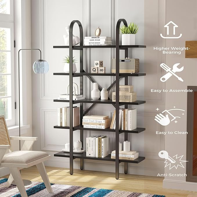 Wide Bookshelf Arched Bookcase, Industrial 5 Tier Open Book Shelves - Image 3