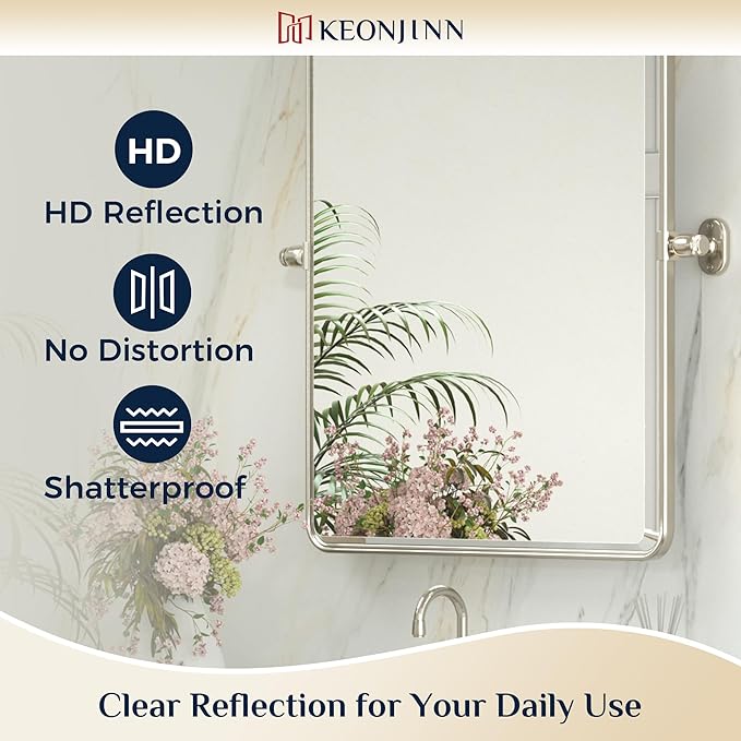 Keonjinn 24 x 36 Inch Pivot Mirror Bathroom, Brushed Nickel Tilt Mirror Bathroom - Image 5
