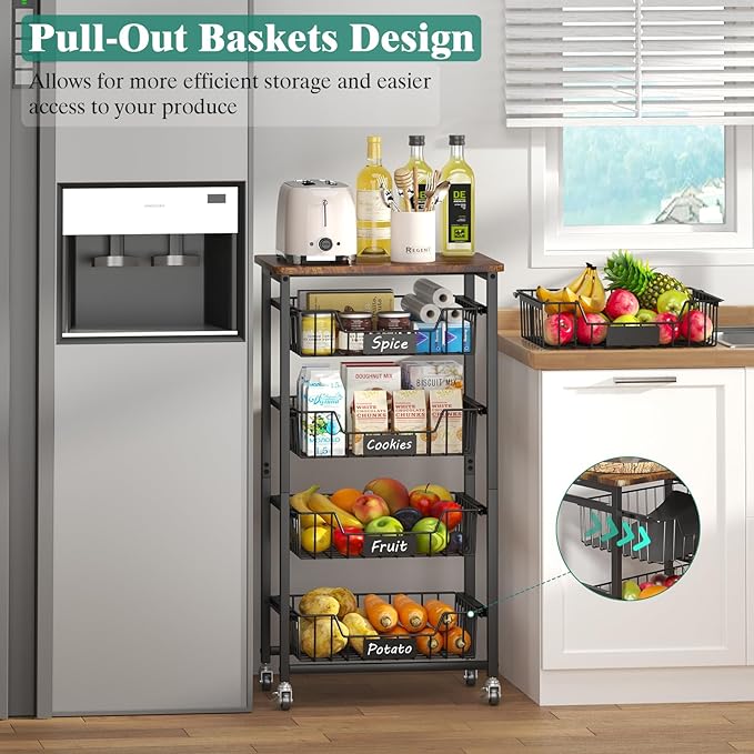 5-Tier Vegetable Fruit Basket Kitchen Storage Rolling Cart on Wheels - Image 2