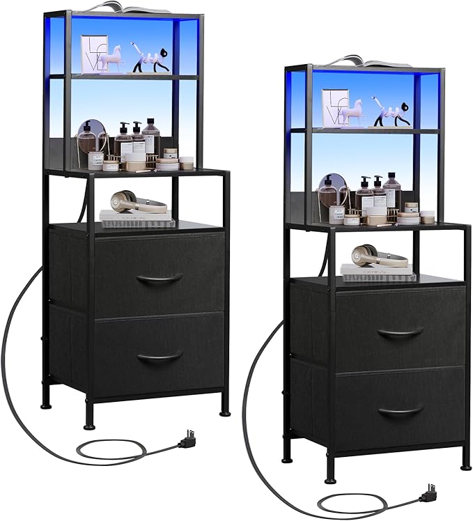 WLIVE Nightstand Set of 2 with Charging Station, LED Night Stand Sets with 2 by WLIVE
