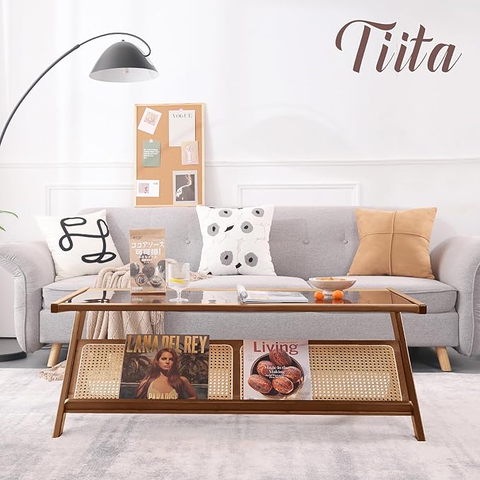 Tiita Rattan Coffee Table, Bamboo Accent Bedside Tables, Glass Nightstand Side - Image 7