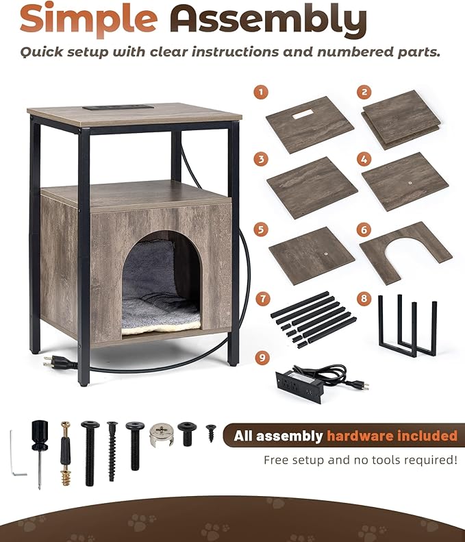 Cat End Table with Charging Station, Indoor Cat House Side Table with Bed - Image 9