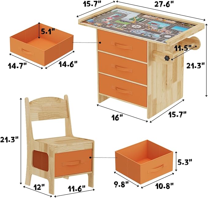 Pine Wood Kids Table and Chair Set 3 in 1 Wooden Toddler Table - Image 5