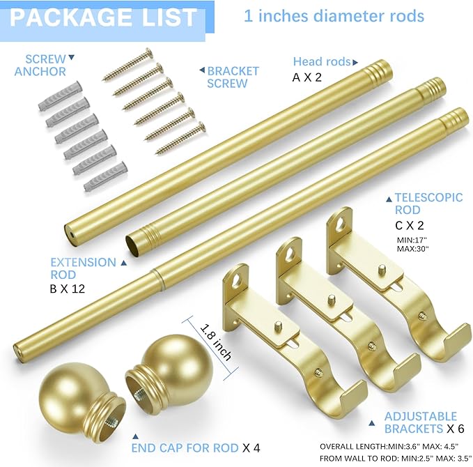Curtain Rods for Windows 16 to 120 Inches, Curtain Rod Max Adjustable Length of - Image 3