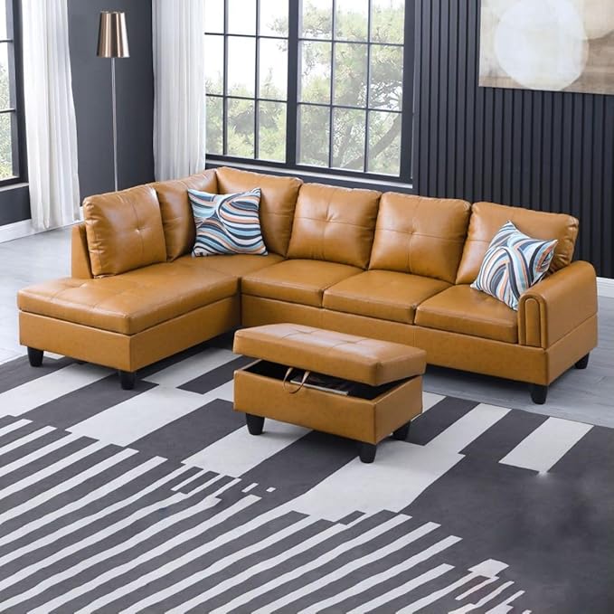 Ginger L-Shaped 3-Piece Faux Leather Sofa by Unknown