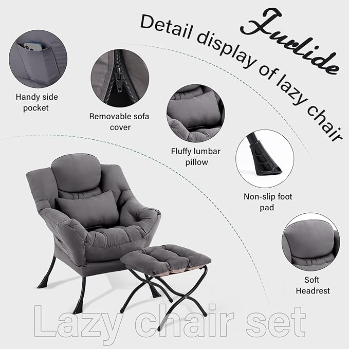 Lazy Chair with Ottoman, Comfy Fabric Accent Lounge Arm Chair with Lumbar - Image 7
