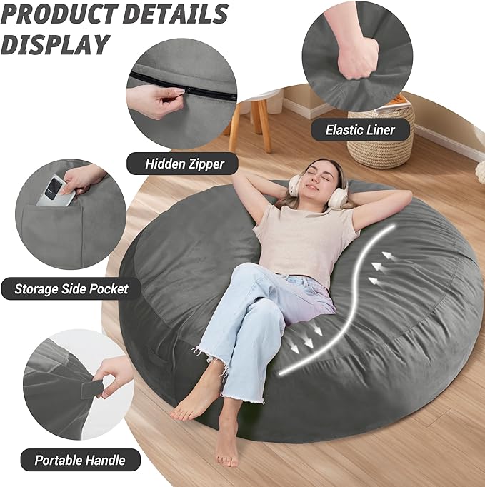 7FT Bean Bag Chair with Ultra Soft Velvet Cover Bean Bag Sofa with Memory Foam - Image 4