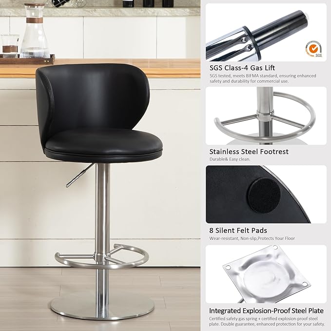 RAINMOOD Bar Stools, Adjustable Stainless Steel Swivel Barstools, Faux Leather - Image 5