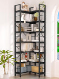 7-Tier Corner Bookshelf, Reversible Wooden Shelves, Industrial Bookcase by Unknown