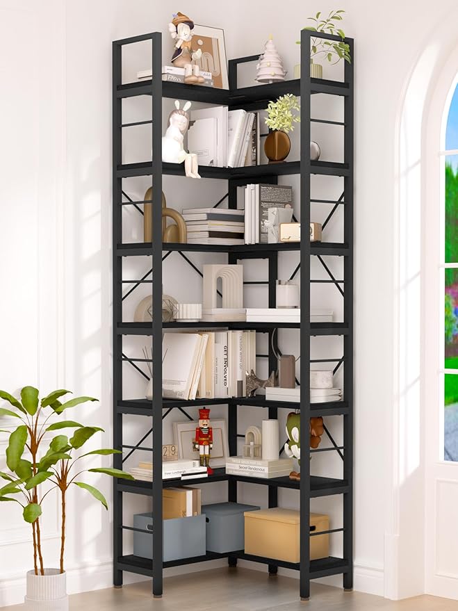 7-Tier Corner Bookshelf, Reversible Wooden Shelves, Industrial Bookcase by Unknown