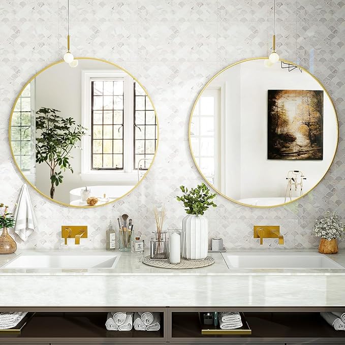 Gold Round Bathroom Mirror, 24 inch Circle Wall Mounted Hanging Mirror - Image 5