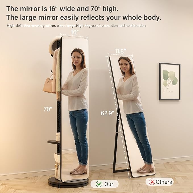 70"x16"Full Length Mirror with Stand, Coat Rack with Mirror, Solid Wood Floor - Image 3