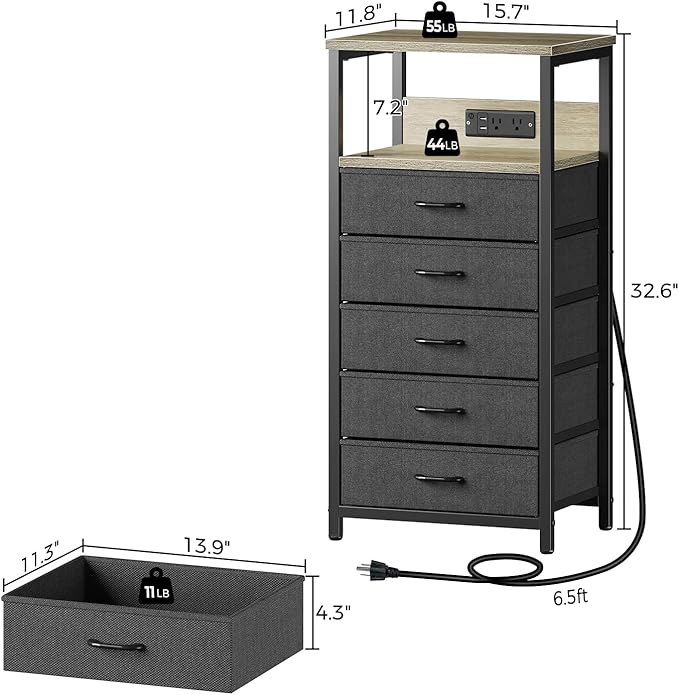 Seventable Night Stand with Charging Station, Tall Nightstand with 5 Fabric - Image 3