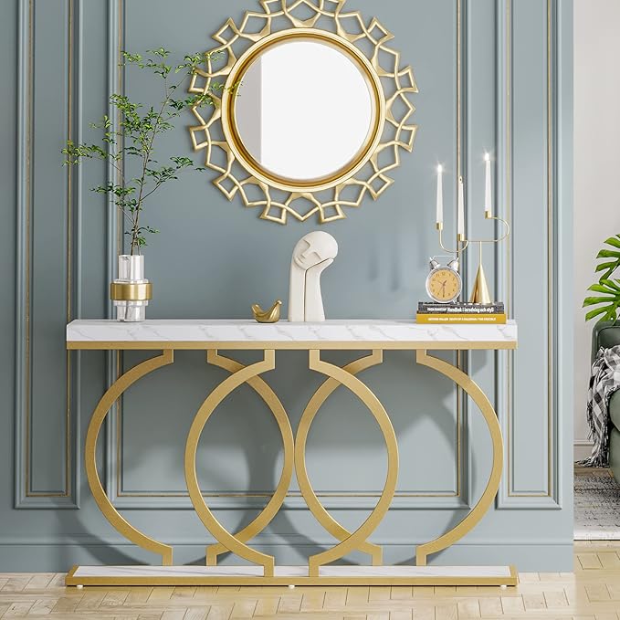 LITTLE TREE 55 inch Faux Marble Gold Console Table Modern Entryway Table Narrow - Image 2