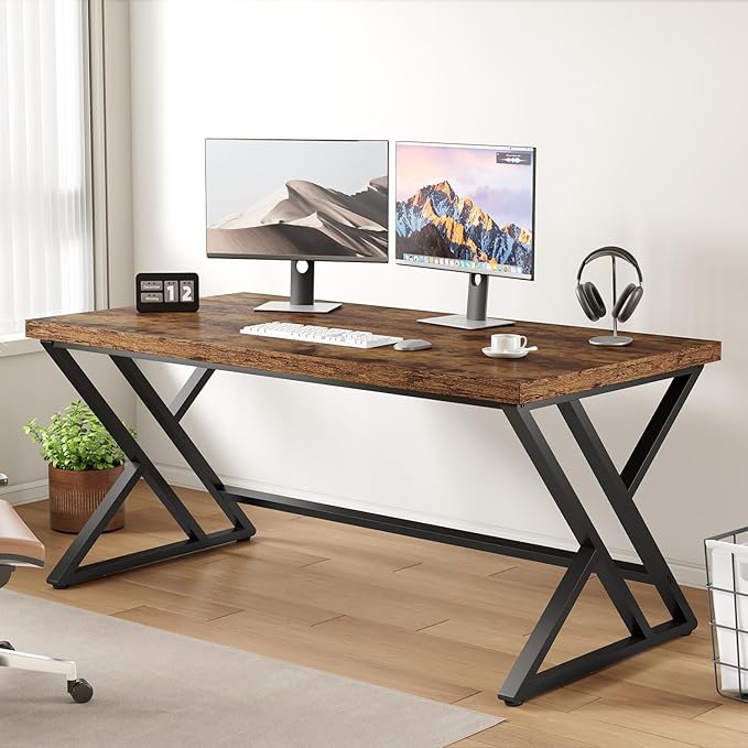 LVB Rustic Computer Desk, Metal Wood Home Office Desk, Industrial Simple Study by LVB