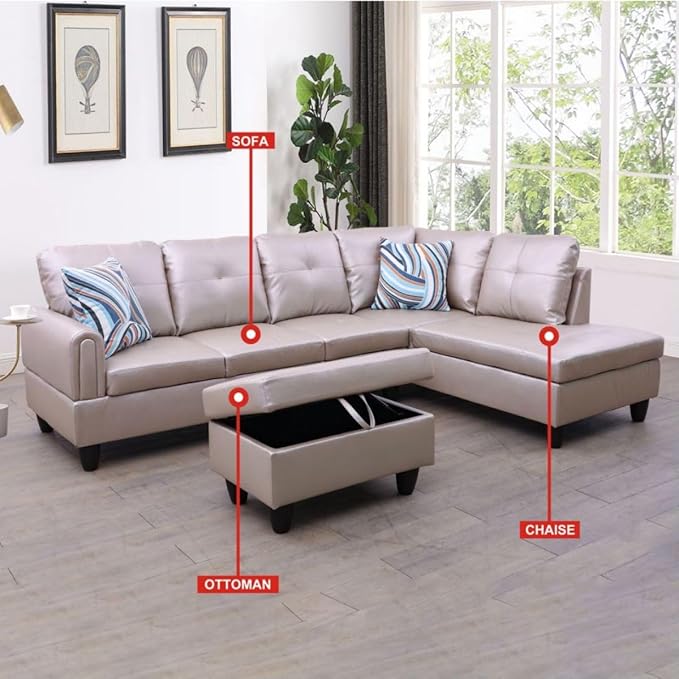 Latte L-Shaped 3-Piece Faux Leather Sofa - Image 3