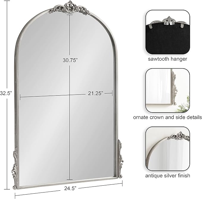 Kate and Laurel Myrcelle Traditional Arched Mirror; 25 x 33; Silver; Decorative - Image 2
