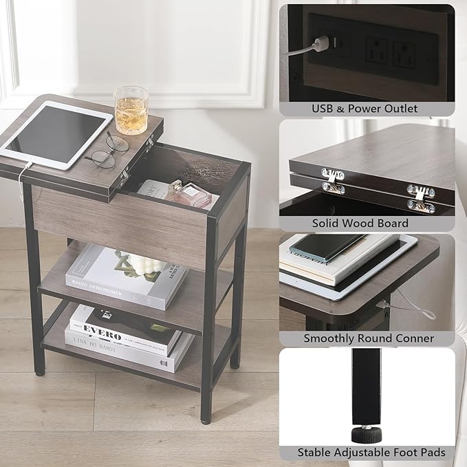 Modern End Table with Charging Station, Narrow Side Table with USB Ports & - Image 5