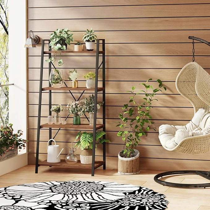 BON AUGURE Industrial Ladder Shelf Bookcase, 4 Tier Rustic Ladder Bookshelf - Image 8