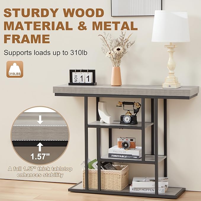 HABUTWAY 42" Industrial Console Table, Narrow 4-Tier Wood Entryway Table - Image 7