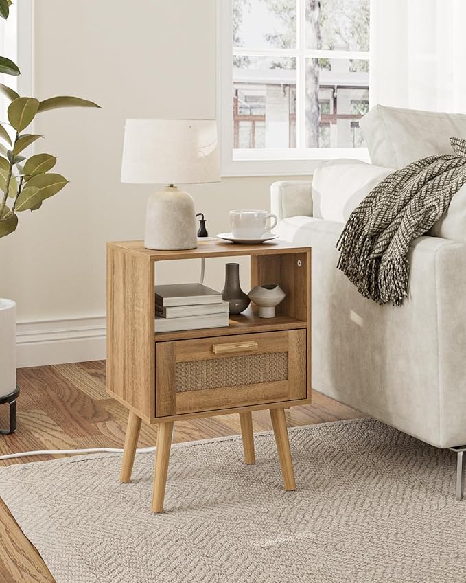 Rattan Nightstand with Charging Station, Small Night Stand, Side Table with - Image 7