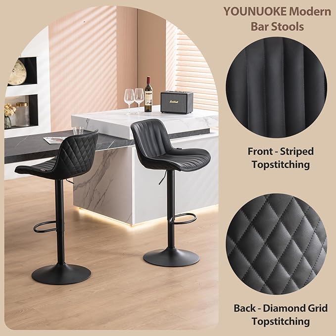 YOUNUOKE Black Bar Stools Set of 2 Adjustable Counter Height Stools Modern - Image 4