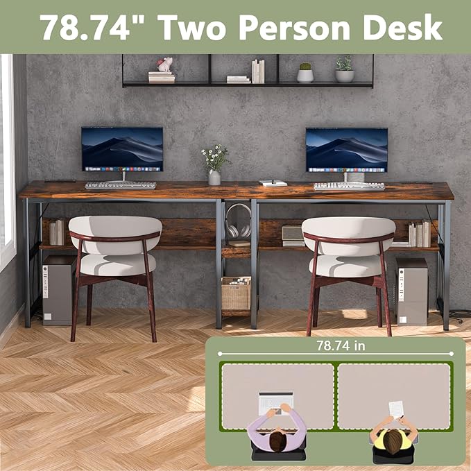 78.74" Two Person Desk with 2 Power Strips, Double Desk with Shelves, Long - Image 6