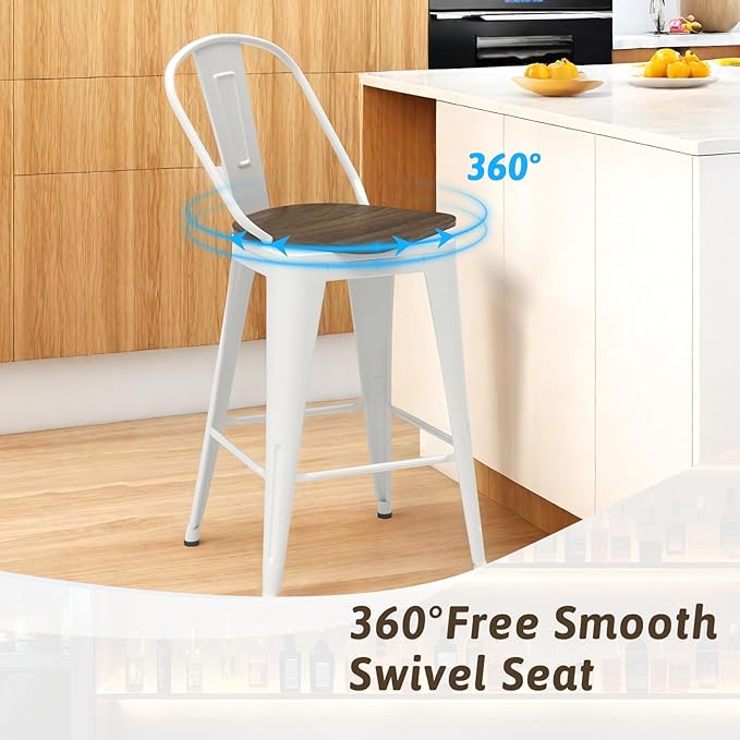 24” Swivel Bar Stools Set of 4, Counter Height Bar Stools Wooden Seat, Metal - Image 7