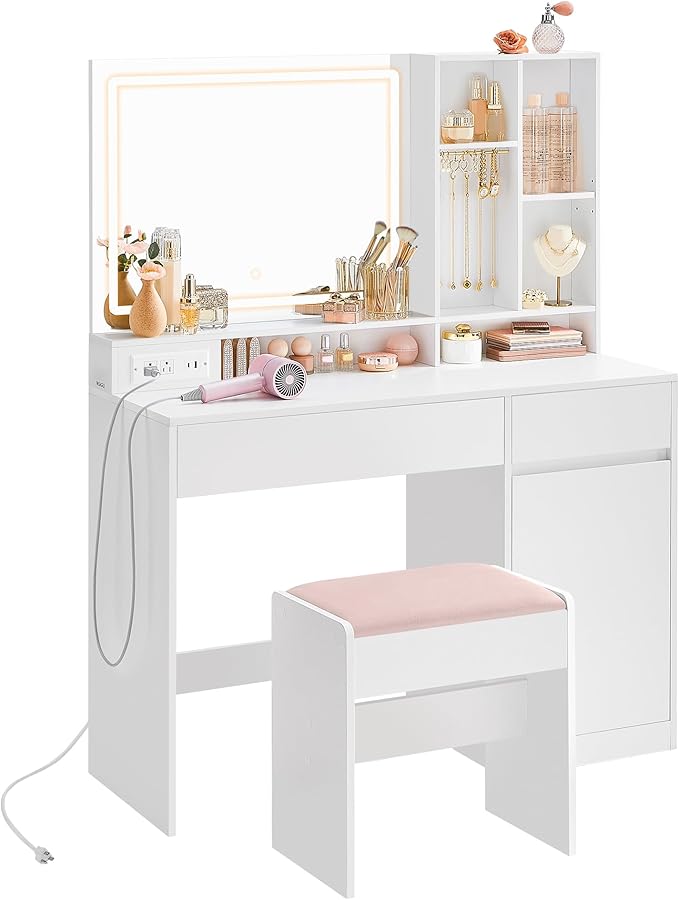 VASAGLE Vanity Desk with Mirror and Lights, Power Outlets, Vanity Table Set by VASAGLEbySONGMICSHOME