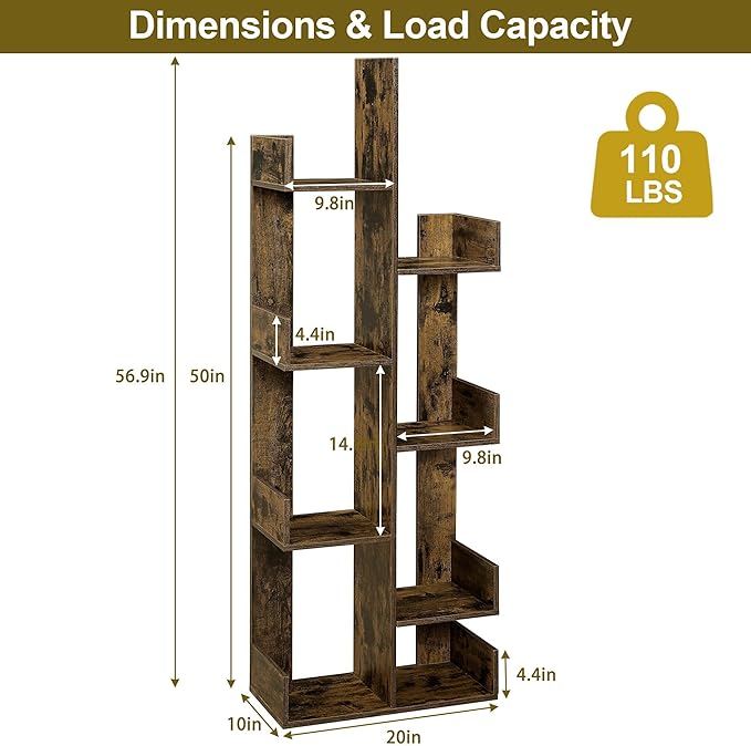 VECELO 8-Tier Tall Cactus-Shaped Tree Bookshelf, Vertical Bookcase - Image 2