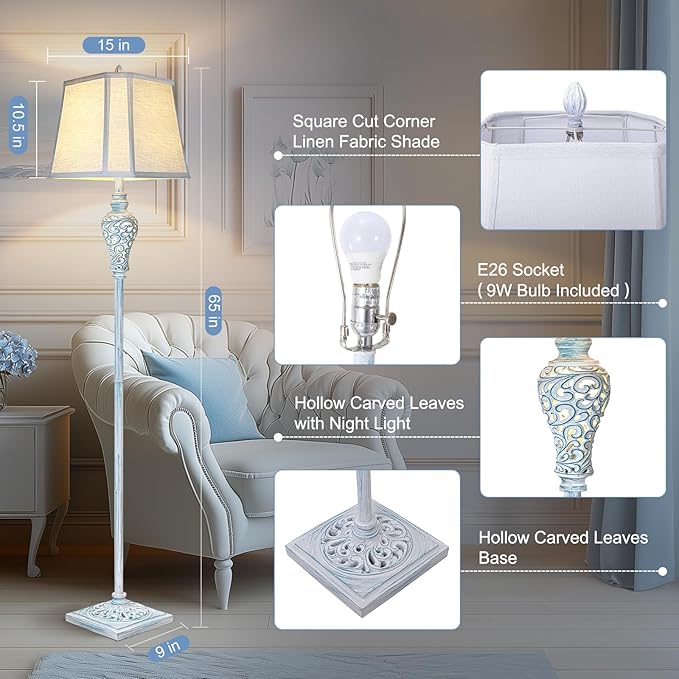Vintage Floor Lamp with Nightlight, Washed Blue Finish Farmhouse Style Design - Image 2