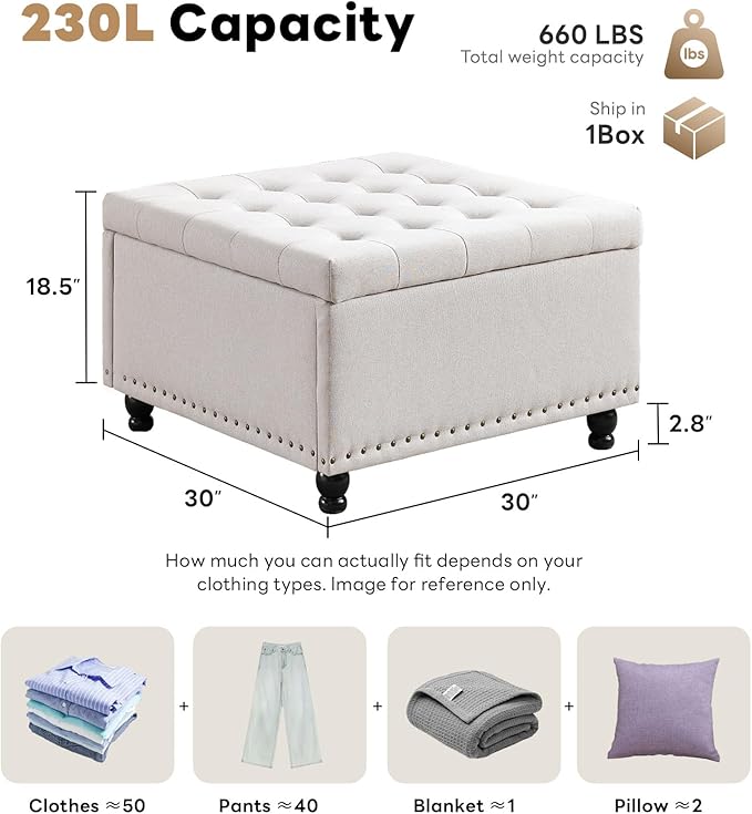 Tbfit Large Square Storage Ottoman Bench, Botton Tufted Upholstered Coffee Table - Image 2